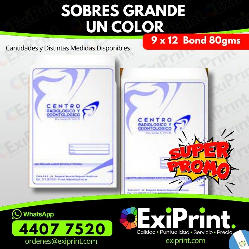 Oferta 100 Sobres Grandes a Un Color, Bond 80gms, 9x12